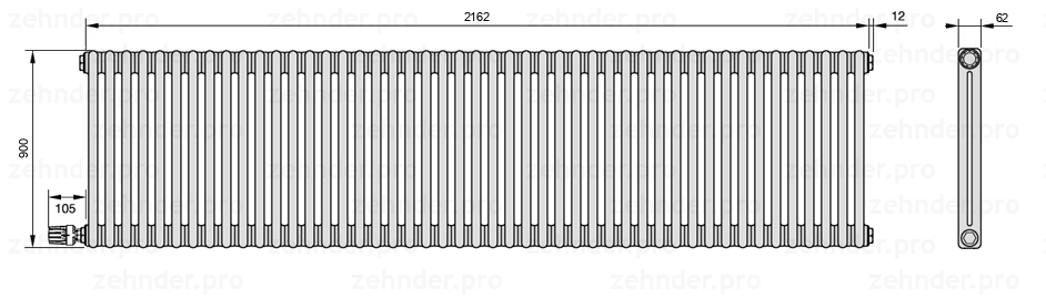 Схема (чертеж) Радиатор Zehnder Charleston 2090/47 №V003 Белый глянцевый RAL 9016